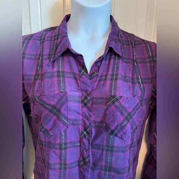 Guess Cowgirl Snap Front Purple/Black Metallic Thread Plaid Long Sleeve Shirt XL - Picture 3 of 7